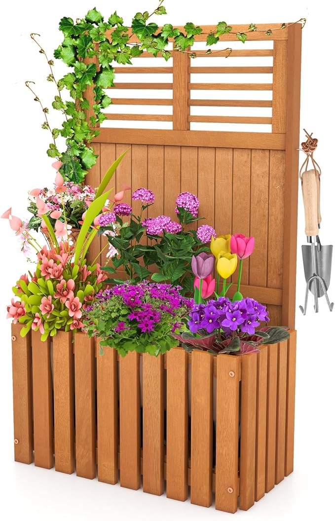 HAPPYGRILL Raised Garden Bed Wooden Planter w/Trellis &amp Privacy Screen for Hanging Pot Plants Outdoor Elevated Planter Box w/Slatted Bottom &amp 2 Side Hooks for Balcony Patio Garden (1)
