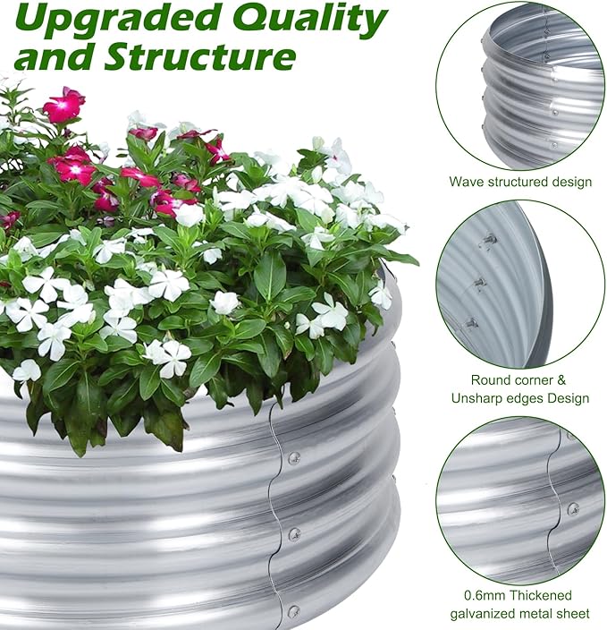 PINPON 2 Pack 2x2x1ft Round Galvanized Raised Garden Bed Outdoor Silver Metal Planter Box for Vegetables Herbs Flowers