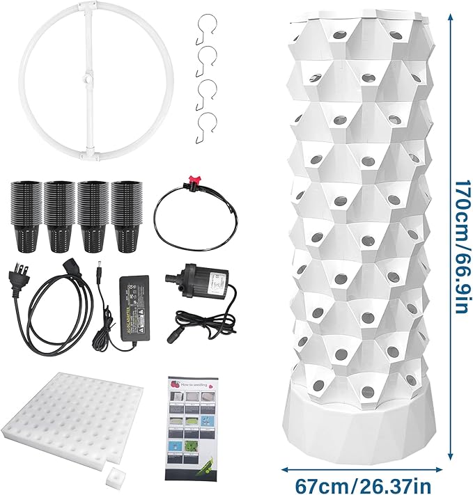 Hydroponic Tower Growing System 10 Layers 80 Pots with Water Pump Indoor Outdoor Hydroponics Planter Kit Vertical Garden Tower for Growing Strawberries Tomatoes Lettuce