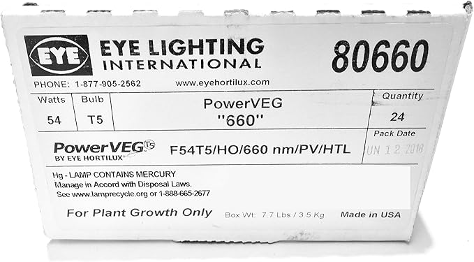 Eye Lighting International PowerVEG 660 4 ft 54W HO T5 Fluorescent Grow Lights - Red Spectrum for Flowering and Fruiting Enhancement F54T5/HO/660 nm/PV/HTL (Pack of 24)