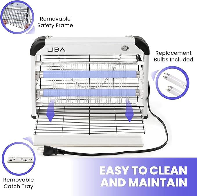 LiBa Electric Bug Zapper (2-Pack) Indoor Insect Killer - (4) Extra Replacement Bulbs - Fly Mosquito Killer and Repellent - Lightweight Powerful 2800V Grid Easy-to-Clean Removable Washable Tray.