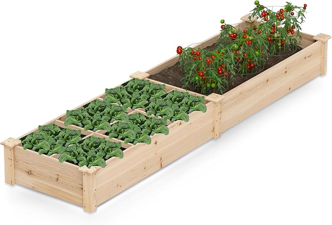 HAPPYGRILL Raised Garden Bed Wooden Planter Raised Bed w/2 Garden Boxes 7 Compartments DIY Painting Available Elevated Planter Box for Patio Garden Backyard Lawn Gardening 90” x 25” x 10”
