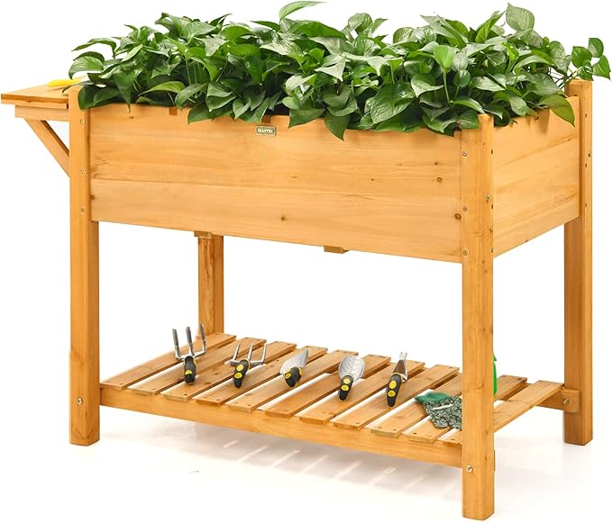 Giantex Planter Raised Bed Elevated Raised Garden Box with 8 Grids and Side Work Table Outdoor Wood Plant Container Backyard Patio (48.5 Lx21 Wx31.5 H)