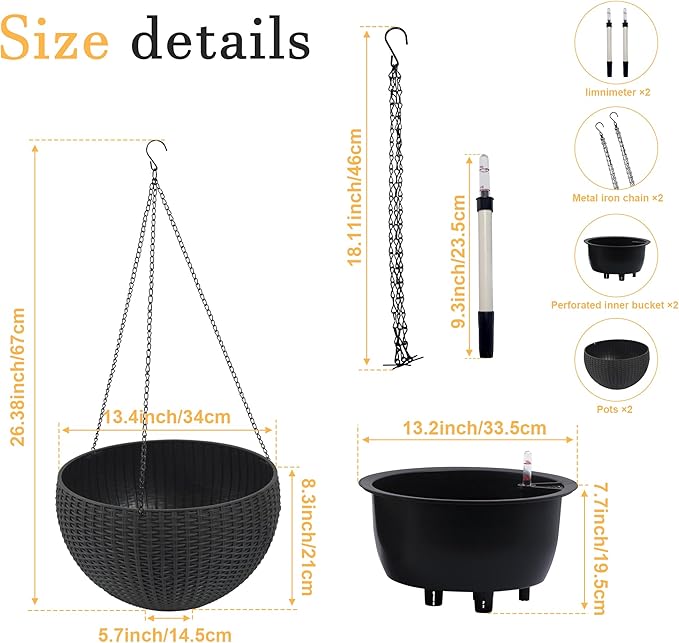 13.4 inch Self Watering Hanging Rattan Planter Large Capacity Root Rot Resistant Water Storage with Water Level Indicator Dual Use for Indoor Balcony Decoration (Pack of 2 Black)
