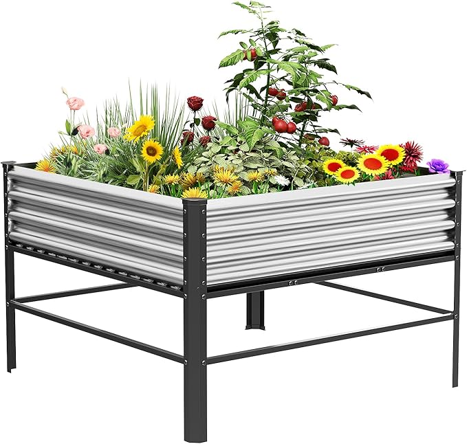 Doniks Raised Garden Bed with Legs 48×48×32in Large Outdoor Metal Galvanized Garden Planting Box1000lb Capacity for Vegetables Lawn Green Flowers Fruits Terrace