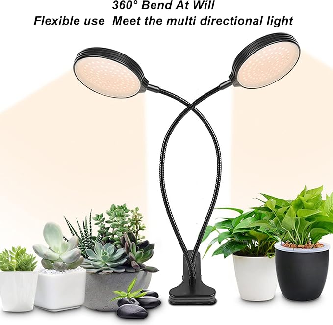 LED Plant Grow Light Timing with 5 Dimmable Degrees Waterproof Dual Head 30W USB Powered Plant Lamp with Clip Base