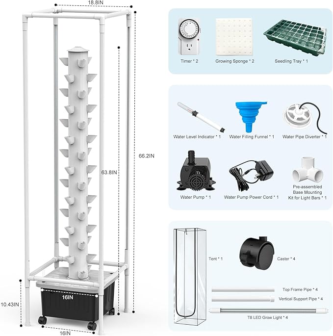 JESLED Hydroponic Growing System 15 Tiers Hydroponic Tower with 5000K Full-Spectrum Grow Lights Dual Timers for Auto Watering &amp Lighting Indoor Vertical Garden with 20L Water Tank High 66.2