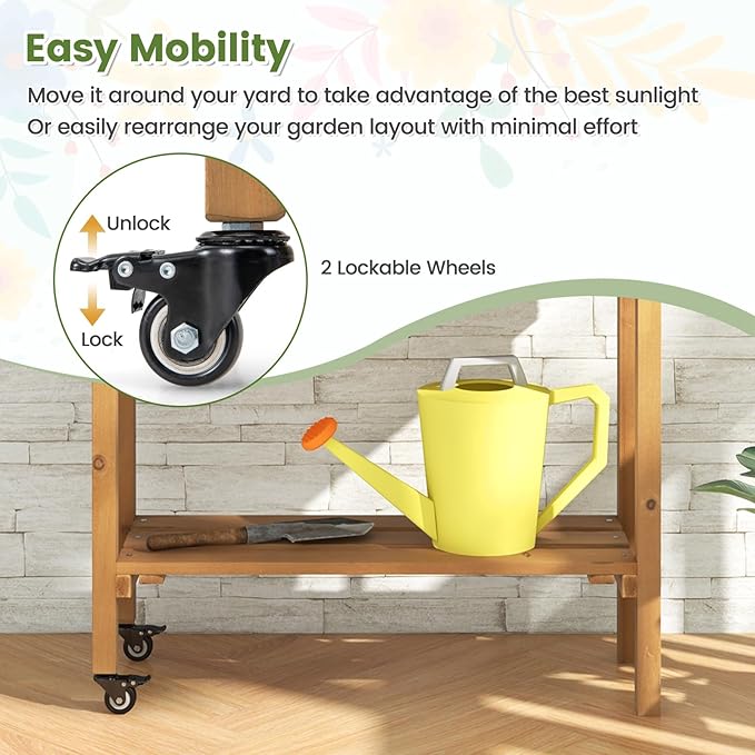 Giantex Raised Garden Bed on Wheels Rolling Planter Boxes with Trellis Storage Shelf &amp Black Liner Indoor Outdoor Wood Raised Bed for Flower Climbing Vine 36”x12”x51”