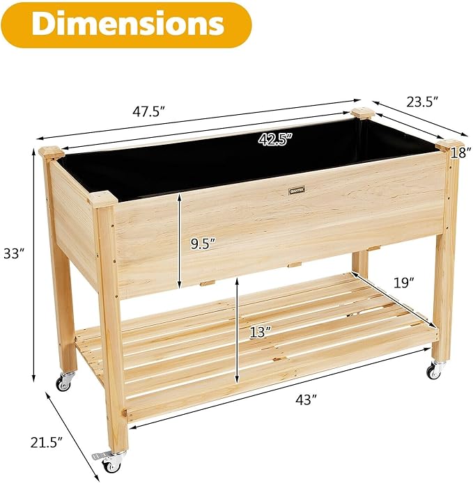 SlickBlue Wood Raised Planter Bed with Wheels Shelf Drainage Liner for Patio
