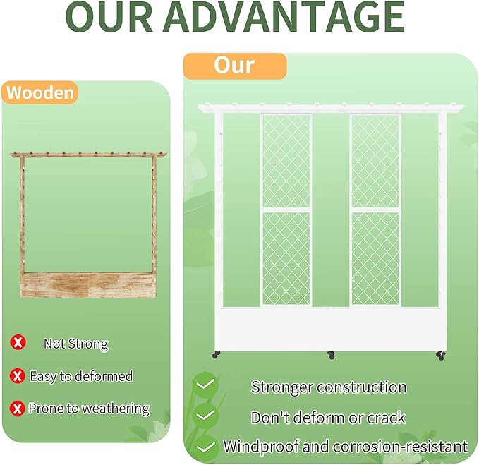 74 Mobile Planter with TrellisWeatherproof Vertical Raise Garden Bed with Trellis &amp Hanging Roof for Climbing PlantsFlowersVegetablesRust-Proof Metal Privacy Planter for Patio (White-B)