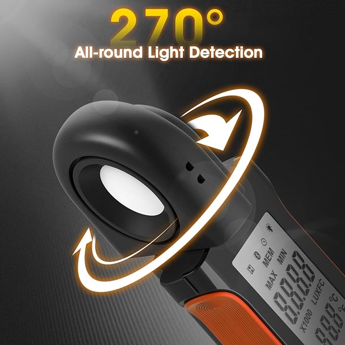 BTMETER Illuminance Light Meter w/Bluetooth - Digital Lumen Tester Measure Lighting Level Intensity 1~400000 Lux(Foot Candle 1~37160) Luxometer with 270º Rotated Sensor Data Logging for Plants Grow
