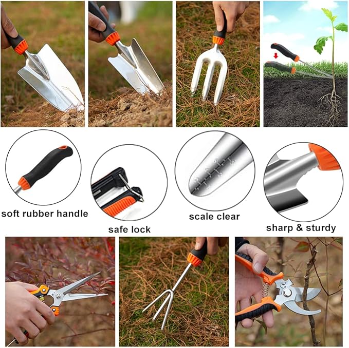 Garden Tool Set10 PCS Stainless Steel Heavy Duty Gardening Tool Set with Soft Rubberized Non-Slip Ergonomic Handle Storage Tote BagGardening Tool Set Gifts for Women and Men