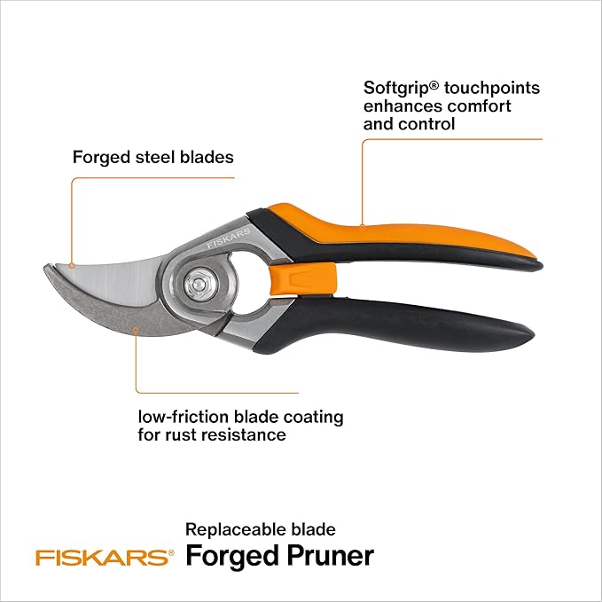 Fiskars Bypass Pruning Shears 1-Inch Cut Capacity Softgrip Pruner Forged Steel Replaceable Blade Stays Sharp Through Heavy Use with Rust Resistant Low-Friction Coating