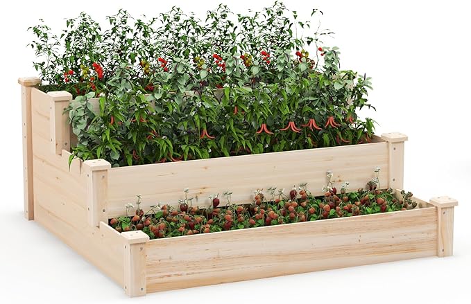 Giantex 3-Tier Raised Garden Bed Tiered Planter Box w/Open-Ended Base Fir Wood Elevated Raised Beds for Gardening Vegetable Flower Herb Fruit Perfect for Patio Lawn Backyard