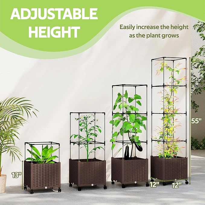 Raised Garden Bed Planter Box with Tomato Cage - Self-Watering Tomato Planters with Trellis for Climbing Plants Outdoor - Vertical Gardening Tomatoes Pot with Trellis Wheels for Vegetable Vine