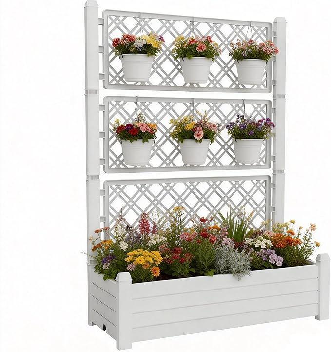 5.3' Tall Raised Garden Bed with Trellis Self Watering Planter Box for Outdoor Climbing Plants Resin Garden Lattice for Vegetables Flowers Tomato &amp Vine with Drainage Holes (Ashen 1 PC)