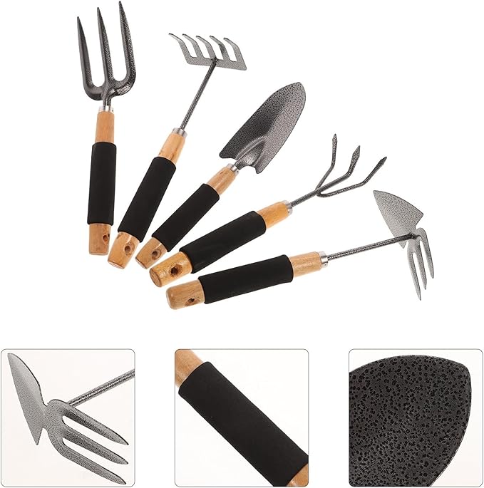 jojofuny 5pcs Ergonomic Garden Tool Set with Garden Shovels and Rake for Outdoor Planting and Lawn Care Includes Storage Rack for Practical Gardening Use
