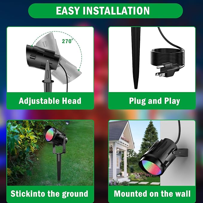 Spotlight Outdoor RGB Led Lights 12W Color Changing Outdoor Floodlight Fixture with Stake for Garden Yard Path 120V Waterproof Landscape Lighting Plug in with Remote (4 Pack)