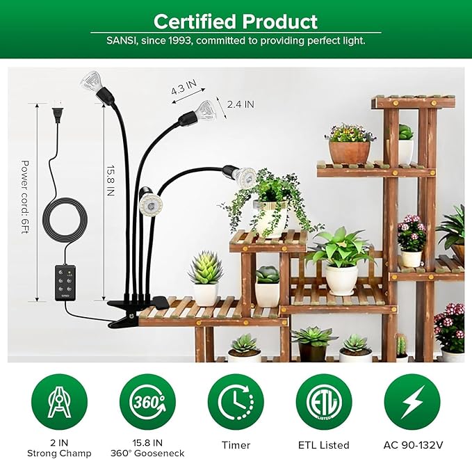SANSI LED Grow Lights for Indoor Plants Lifetime Free Bulb Replacement 600W Full Spectrum 4-Gooseneck Clip Plant Grow Light Plant Light with Timer 4/8/12 Hrs High PPFD Growing Power Grow Lamp