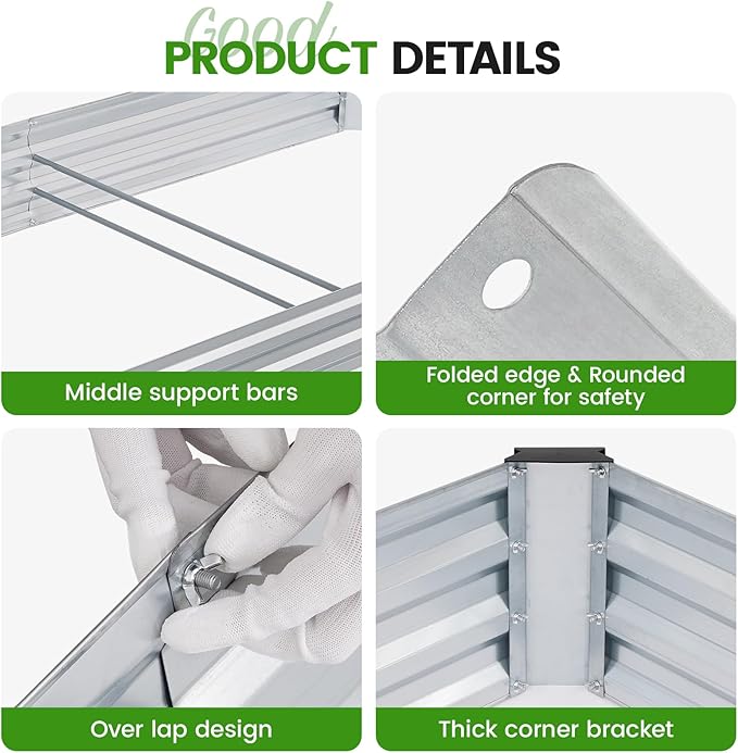 G GOOD GAIN 8x4x1ft Galvanized Raised Garden Bed Heavy-Duty Metal Planter Boxes Outdoor for Vegetables Flowers Herbs Silver(2 Pack)