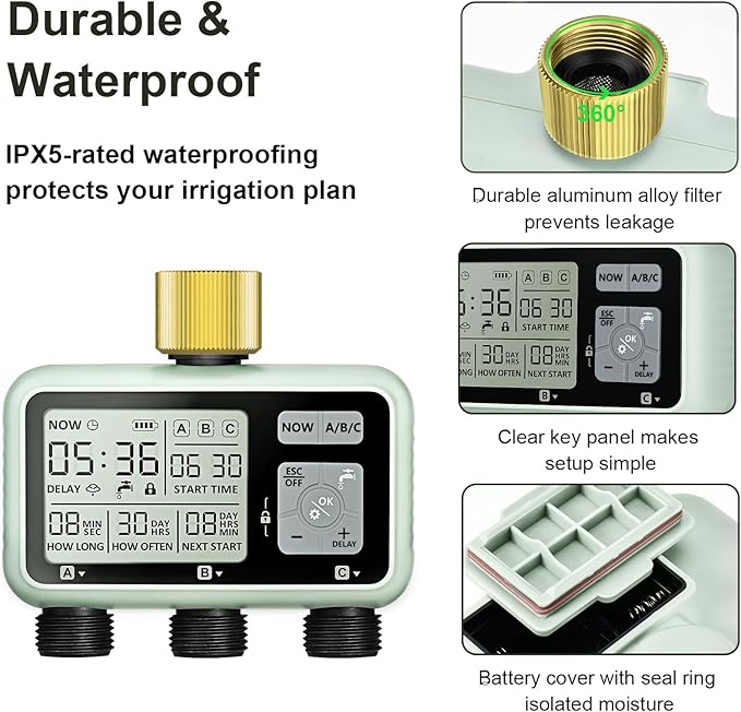 Watering Timer 3 Zone with Brass Inlet Sprinkler Timer Programmable Garden Outdoor Hose Faucet Timers with Rain Delay Auto &amp Manual Watering SystemWater Hose Irrigation Timers 3 Outlet for Gar