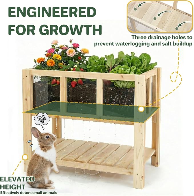 Raised Garden Bed for Small Balcony 28.3''x16.3''x23.6'' Wood Planter Box with Transparent Window Drainage Holes Storage Shelf Garden Beds Flower Stand Patio Kitchen Gift for Gardening