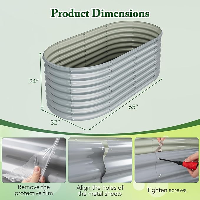 Giantex 5x3x2ft Raised Garden Bed Large Metal Elevated Oval Planter Bed 193 Gallon Capacity Outdoor Planting Garden Box for Vegetable Flower Herb Grow (Grey)