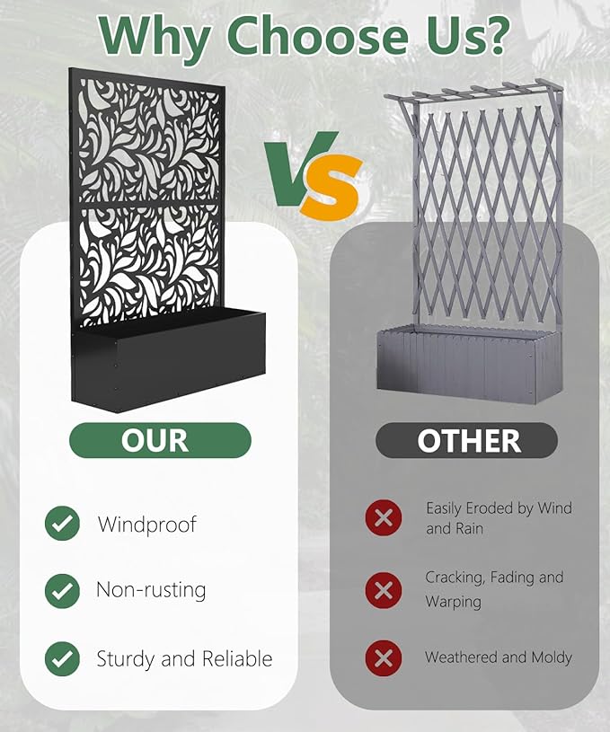 Metal Planter Box with Trellis70.9x47.2x15.7 Raised Garden Bed with Drainage Holes Privacy Planters for Outdoor Garden Bed for Climbing PlantsVegetablesand Vines Black-Flower