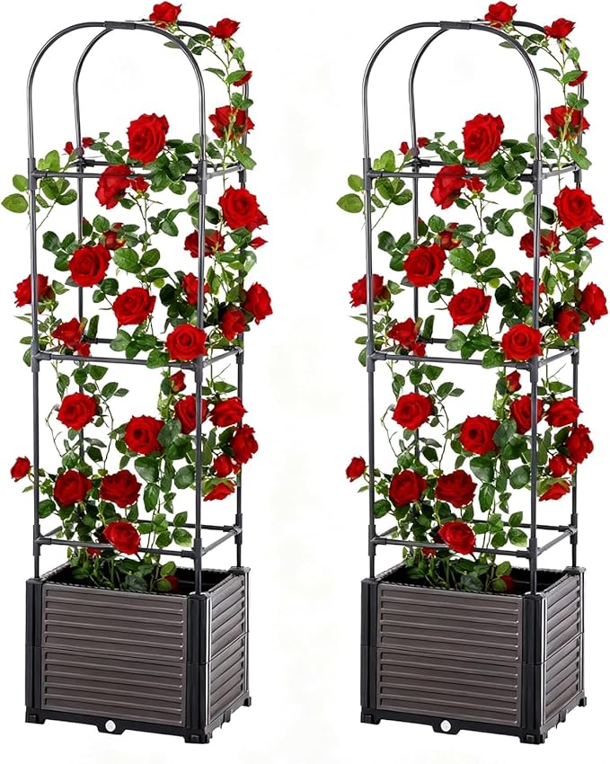 Set of 2 Raised Bed with Trellis Flower Box with Trellis for Climbing Plants Garden Bed Trellis Made of Metal and PP Garden Trellis with Self-Watering Planter Box Garden Balcony 40 x 40 x 150 cm