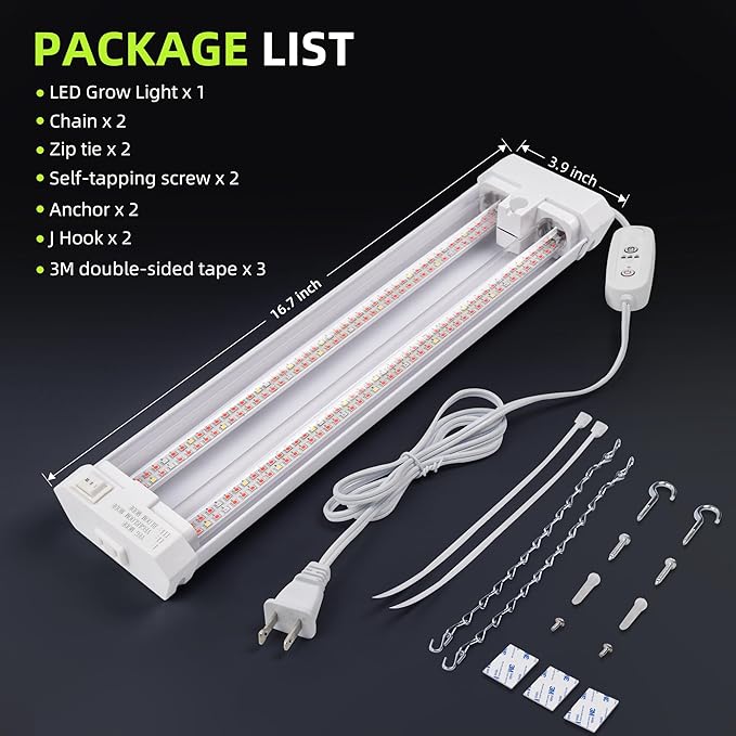 Hlite 16inch Adjustable Full Spectrum Plant Growing Lamps- Linkable Grow Lights for Indoor Plants Plug and Hanging Design with On/Off Switch Timer Hanging Grow Light from Seedling to FloweringWhite