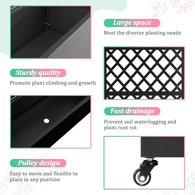 Metal Raised Garden Bed with Trellis for Climbing Plants Vegetable VinesMetal Planter Box with Trellis 73x35x16Trellis with Planter Box &amp Privacy ScreenRaised Garden Bed On Wheels(Black)