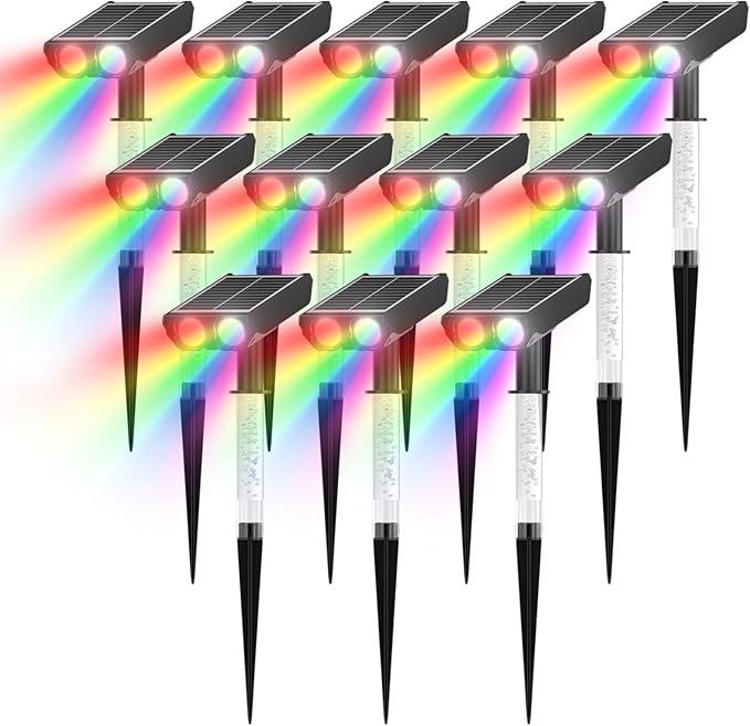 Color Changing Solar Spot Lights Outdoor with PC Light Guide Column 8 Lighting Modes Christmas Landscape Spotlights IP65 Waterproof RGB Solar Spotlights for Garden Yard Tree Pathway 12Pack