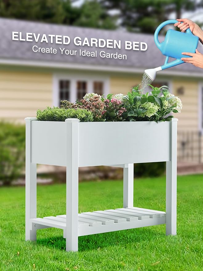 Psilvam Raised Garden Bed (4'x2') - 34 Inch Tall Poly Lumber Planter Box with Storage Shelf &amp Waterproof Tarp No Assembly Required Rot Resistant &amp Zero Maintenance for Vegetables Flowers
