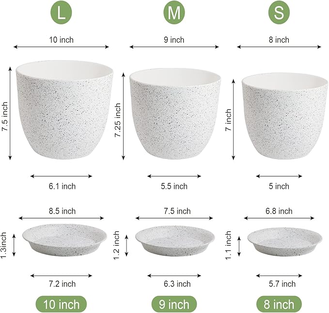 WOUSIWER Plant Pots 10/9/8 inch Set of 3 Modern Decorative Plastic Planters with Drainage Holes and Saucers for House Plants Indoor Flowers Plants White Speckles