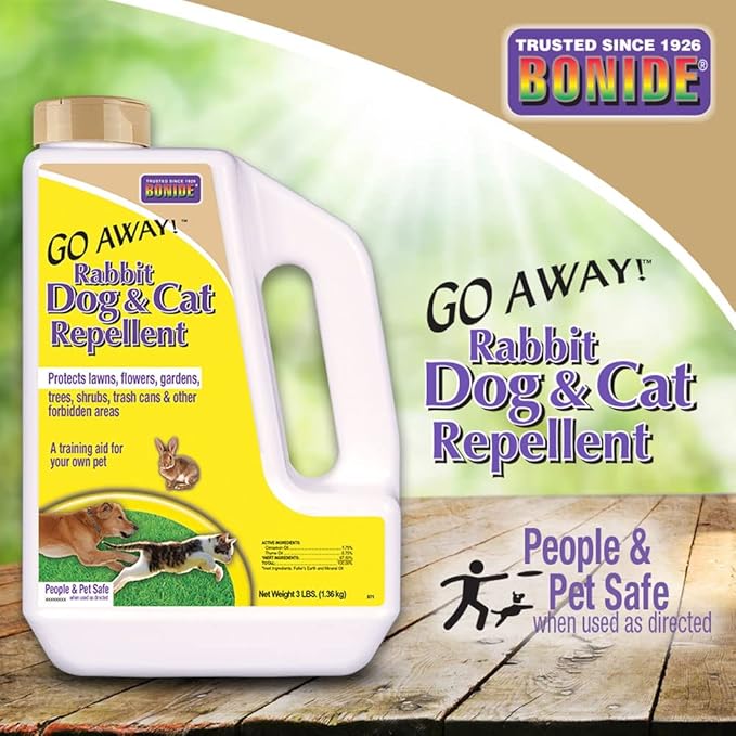 Bonide Go Away! Rabbit Dog &amp Cat Repellent Granules 3 lbs Ready-to-Use Keep Dogs off Lawn Garden Mulch &amp Flower Beds