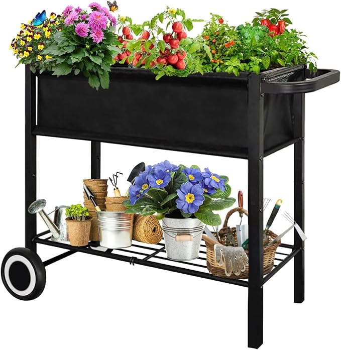 Raised Garden Bed with Legs for Outdoor Plants Standing Elevated Planter Box Cart on Wheels for Vegetables Flower Herb Patio Black