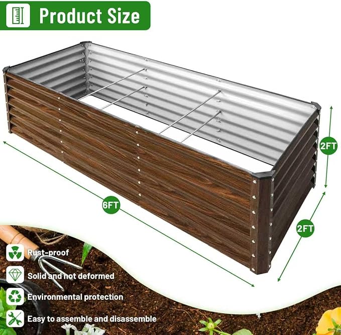 SnugNiture 6x2x2FT Galvanized Raised Garden Bed Kit Metal Planter Box for Planting Plants Vegetables Brown