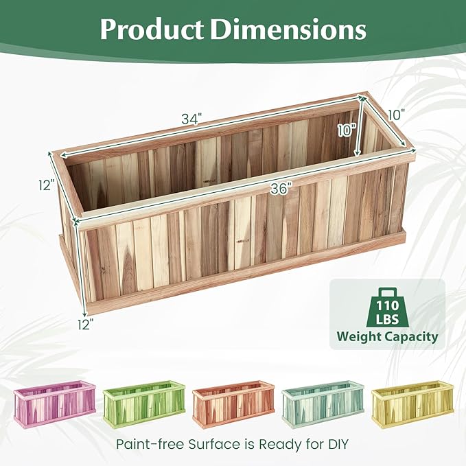 Giantex Acacia Wood Raised Garden Bed Rectangular Planter Box w/Drainage Gaps Floor Standing Window Mount for Flower Vegetable Herb Fruit Outdoor Plant Container for Backyard Lawn 36x12x12