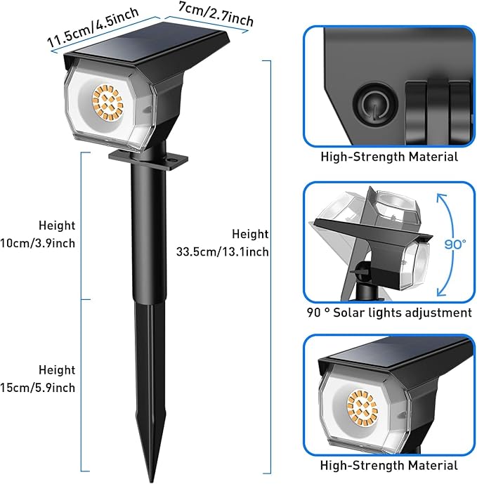 EIUIO Solar Outdoor Lights 3 Lighting Modes Solar Spot Lights Outdoor with Auto On/Off Waterproof Landscape Lighting for Garden Yard Pathway