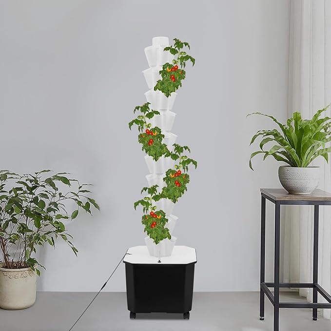 Hydroponic Growing System Tower 10 Layered 50 Slots Hydroponic Tower w/Wheel Indoor Hydroponic Garden Vegetable Grow Can Plant Short Tomato Pepper Cucumber Suitable for Balconies Courtyards Roofs