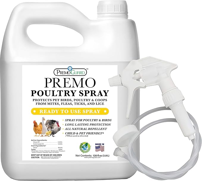 Premo Guard Poultry Spray - 128 oz - Kill Scaly Leg Mites Fleas Lice &amp Other Pest on Chickens and in Coops - Natural Plant Based Oils for Control &amp Prevention - Family Safe with No Egg Wi