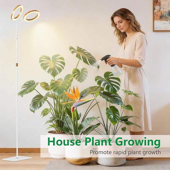 Dual Head Grow Light for Indoor Plants Full Spectrum-Floor Standing Plant Lamp with Auto Timer 6/12/18H 5-Level Dimmable &amp Adjustable Height 16.5-68in for Large Tall Plants | Faux Wood Design