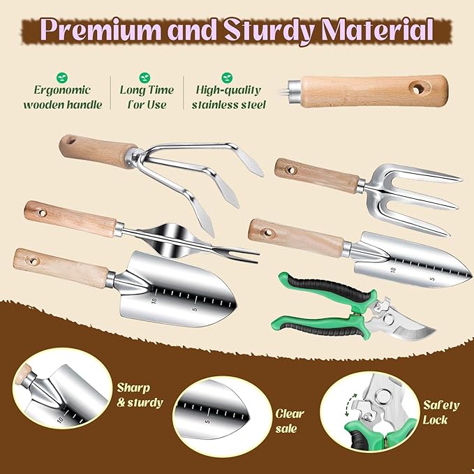 Gardening Tools 9-Piece Heavy-Duty Garden Tools Set Stainless Steel Garden Hand Tools with Purple Floral Tote Bag and Repotting Mat Garden Supplies Kit Gifts for Women