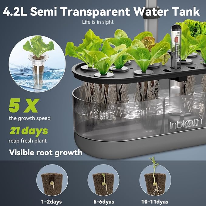 inbloom 12 Pods Hydroponics Growing System Kit Herb Garden Planter Indoor Kit Indoor Gardening Hydroponics Growing System with 4.2L Water Pump Height Adjustable Gifts for Woman Transparent Black