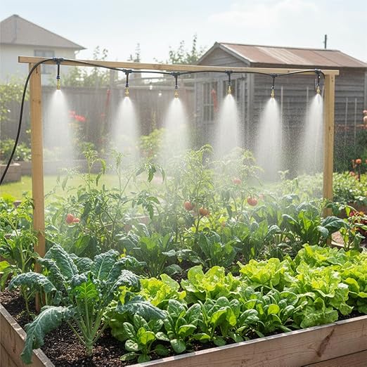 Automatic Garden Irrigation System 100ft Upgraded Drip &amp Spray Watering Kit with 18 Adjustable Copper Nozzles for Raised Beds Outdoor Garden Lawn Potted Plants &amp Greenhouse (100ft)