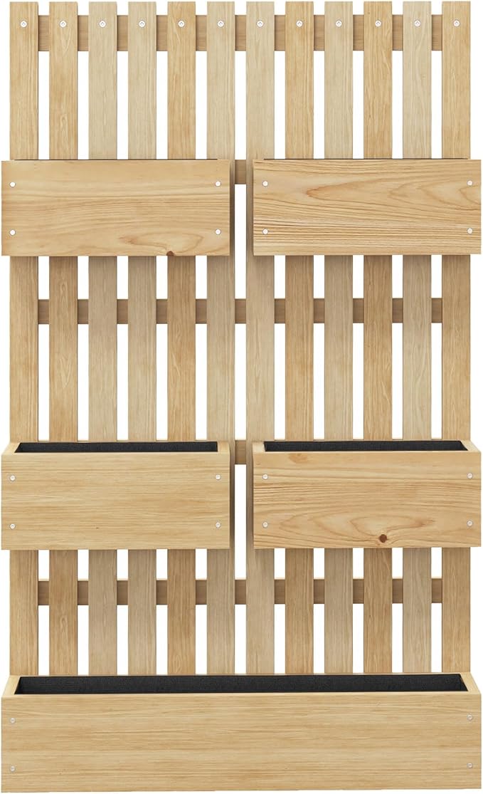 Outsunny 5 Box Raised Garden Bed with Trellis for Vine Flowers &amp Climbing Plants 39 Tall Wall-Mounted Wood Planter Box Set with Adjustable Height Drainage Hole Natural