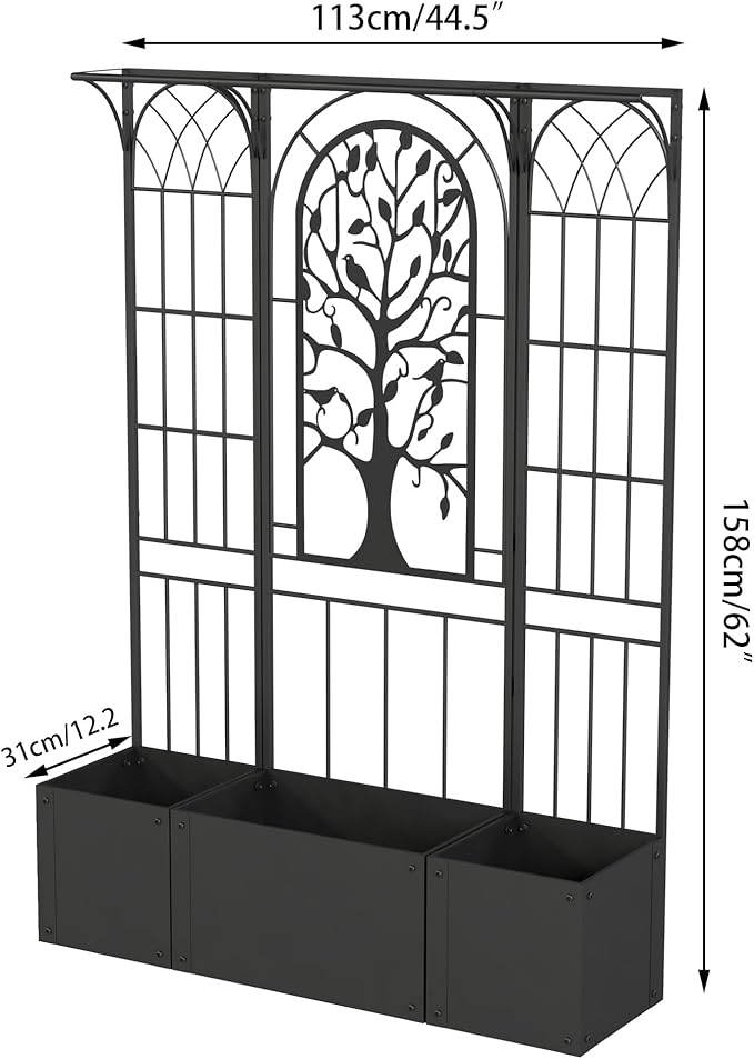 Metal Planter Box with Trellis Raised Garden Bed with Trellis Privacy Screen 62 inch Tall Planter Boxes for Climbing Plants Flowers Vegetables Fruits Balcony and Patio Decor (Black)