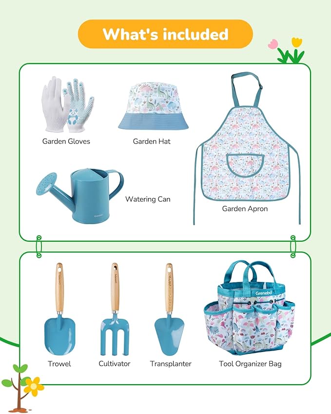 Kids Gardening Set Toys Quality Garden Tool Kit for Kids and Toddlers Includes Two Shovels Garden hatRake ApronGloves Watering Can and Tool Bag (Blue)