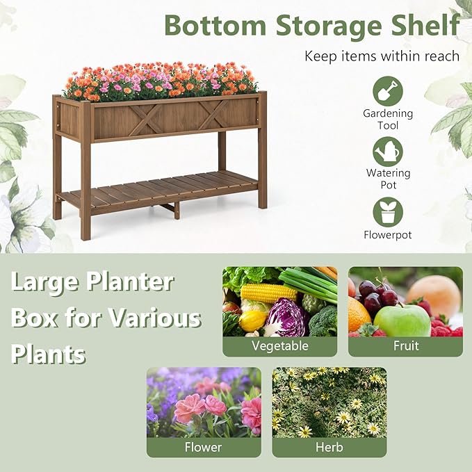 Raised Garden Bed with Legs 47 x 18 x 29 Inch Elevated Planter Box w/HIPS Frame Drainage Holes &amp Storage Shelf Standing Raised Planter for Flowers Herbs Outdoor Balcony Backyard (Coffee)