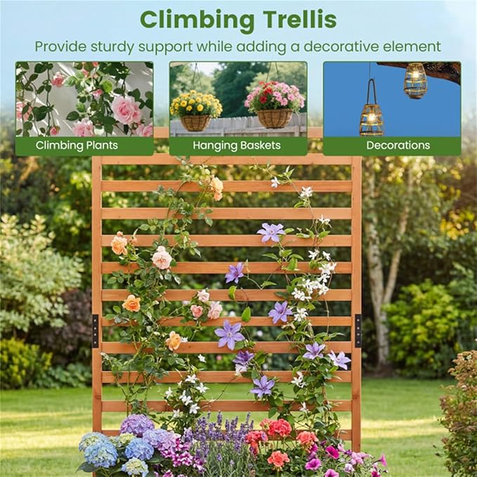 Fir Wood Raised Garden Bed with Trellis 91.44×35.56×149.86 cm Orange Planter Box with Drainage Liner 88 lbs Capacity for Climbing Plants